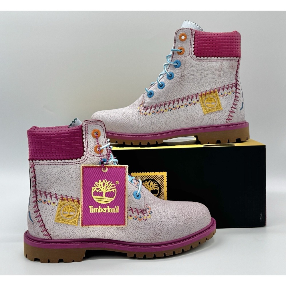 Timberland Women's Premium 6 Inch Boot White Pink Size 6 Dia de los Muertos
